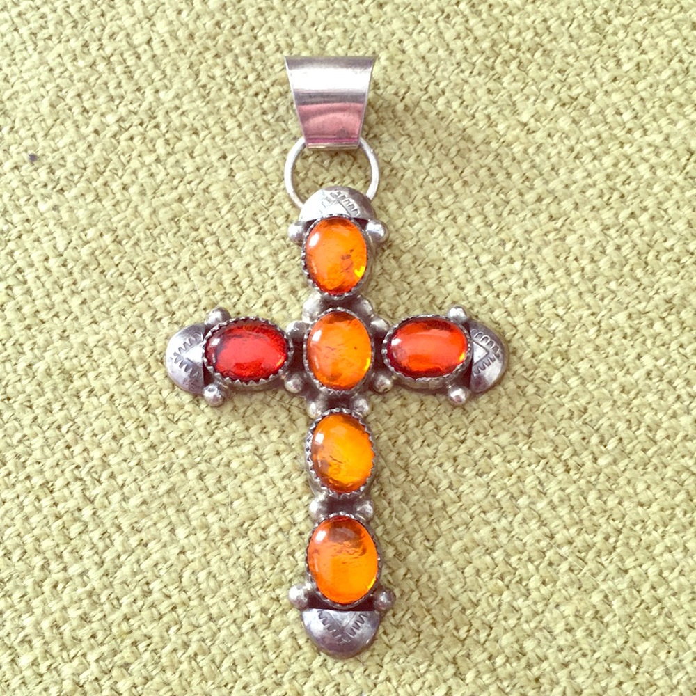 Vintage Mexican sterling silver cross faux amber